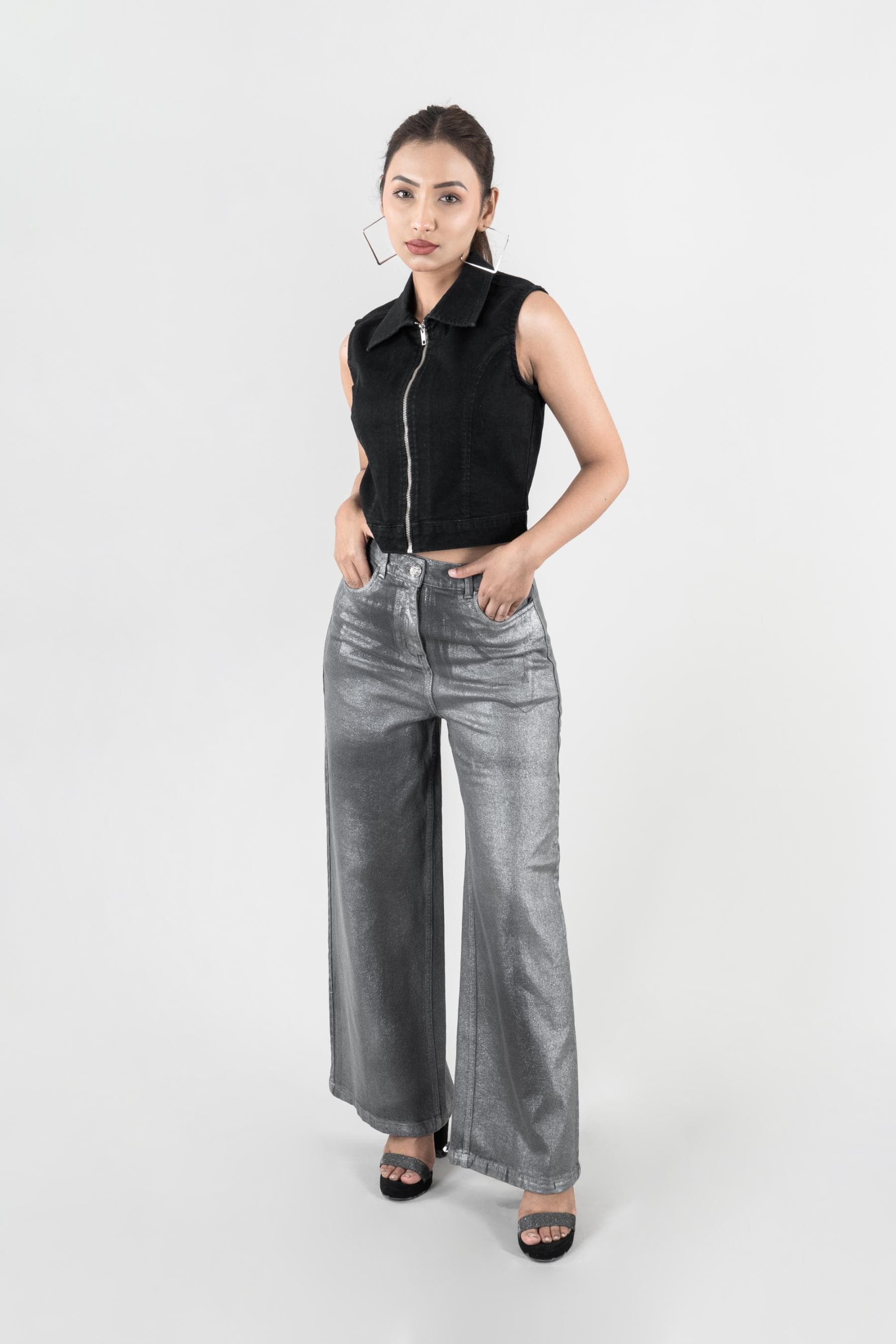 Shadow Gleam | Denim Foil jeans with Sleeveless Jacket
